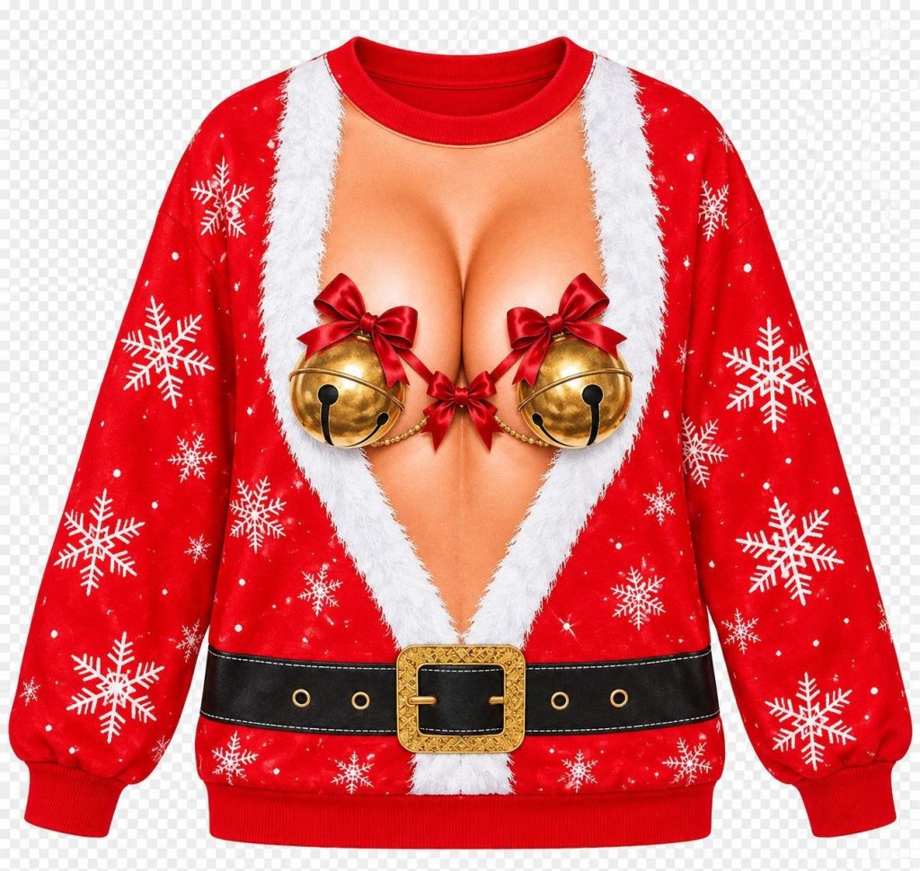 Reverse of red Christmas printed sweatshirt with snowflake sleeves and printed belt