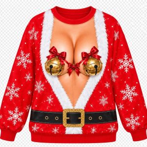 Reverse of red Christmas printed sweatshirt with snowflake sleeves and printed belt