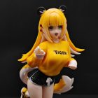 Close-up of Ju Fufu figure's tiger ears, green eyes and yellow TIGER sweatshirt