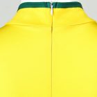 Rear zipper at the green-trimmed yellow bodysuit collar