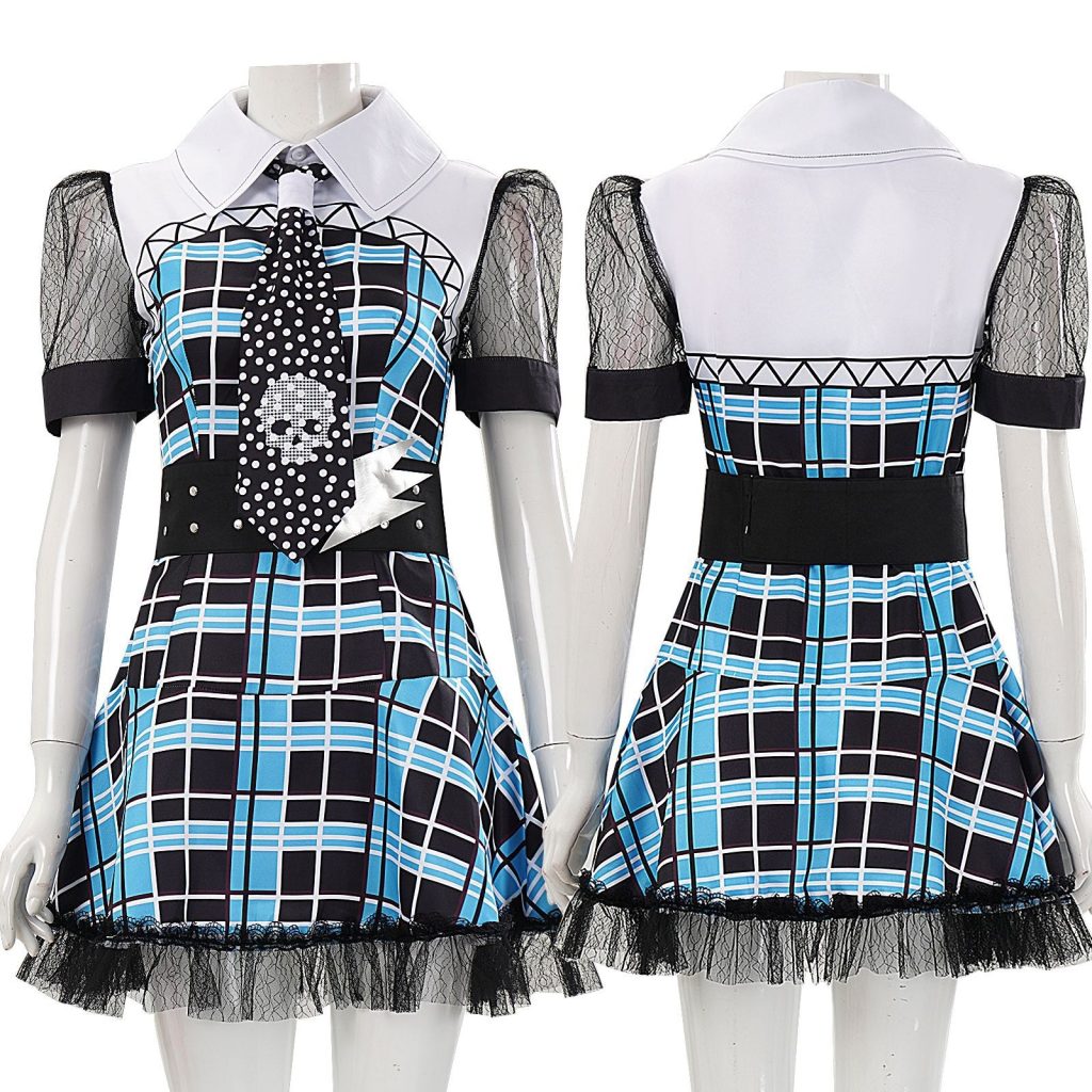 Front and back view of plaid dress with white yoke and black mesh hem