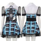 Front and back view of plaid dress with white yoke and black mesh hem