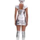 Open upper back and zipper of silver space costume dress