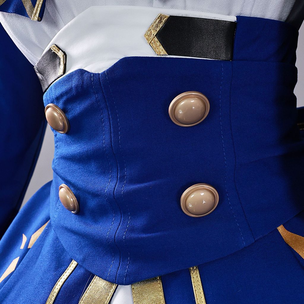 Blue costume front panel with gold buttons and contrasting trim