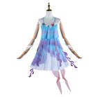 Dolia costume blue and lavender layered dress with shell trim on mannequin, front view