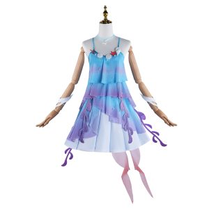 Dolia costume blue and lavender layered dress with shell trim on mannequin, front view