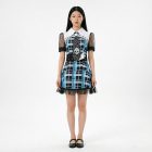 Frankie Stein-inspired blue plaid dress with white collar, skull tie and lightning belt on model; shoes not included