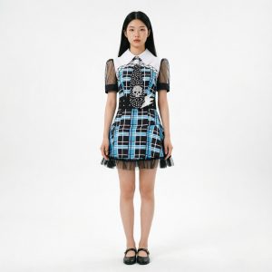 Frankie Stein-inspired blue plaid dress with white collar, skull tie and lightning belt on model; shoes not included