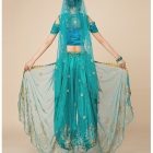 Back view of Aqua Blue top and pants with sheer embroidered drape