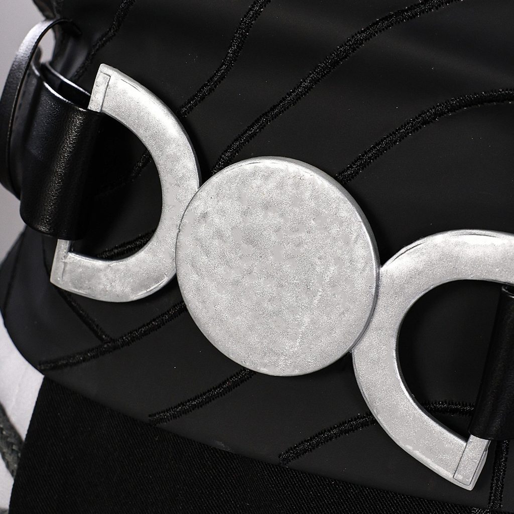 Silver waist emblem and black stitching on female Rover costume