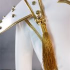Zoey shoulder epaulet detail with gold edging, round studs, flower ornament and gold tassel