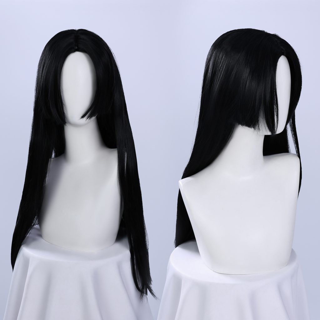 Psylocke long straight black wig front and side views