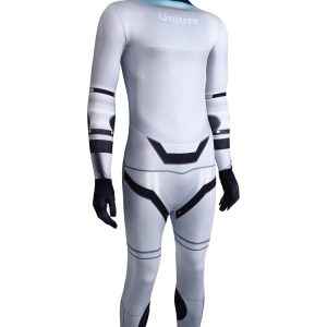 Silver-white humanoid robot costume front and back with blue face hood