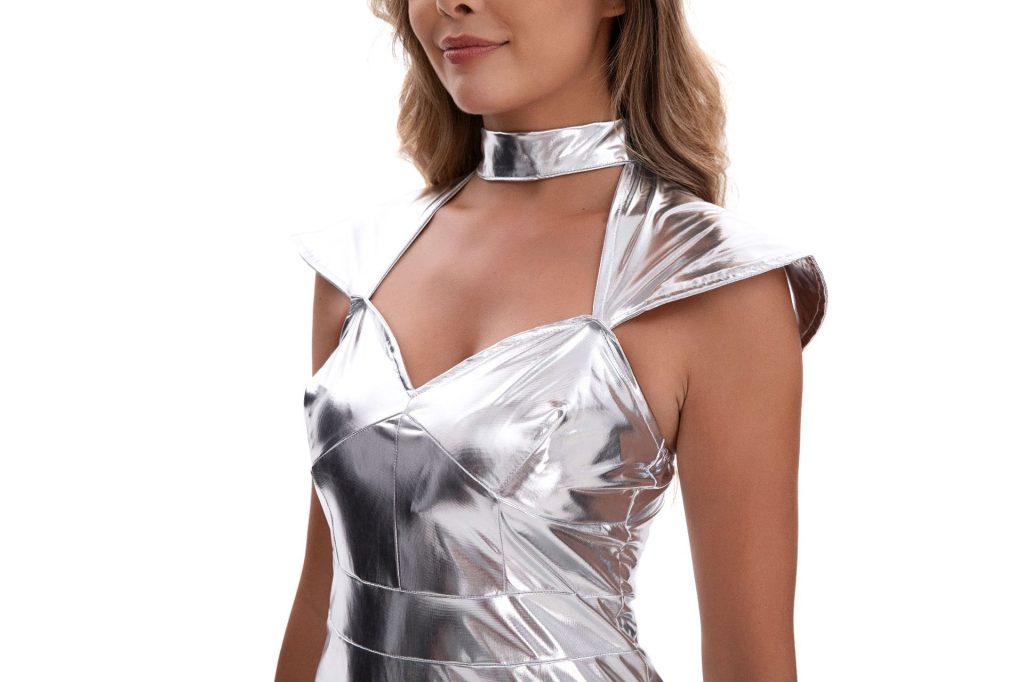 Metallic silver neckline choker and shoulder panel details