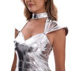 Metallic silver neckline choker and shoulder panel details
