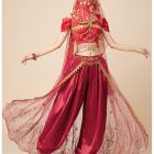 Burgundy Jasmine-inspired top and pants with gold edging and veil