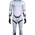 Front view of white robot bodysuit with dark arm and hip graphics