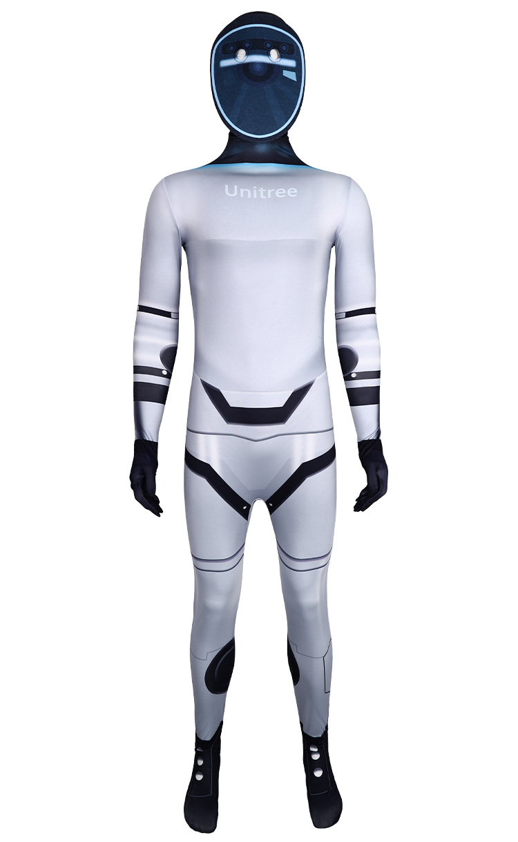 Front view of white robot bodysuit with dark arm and hip graphics