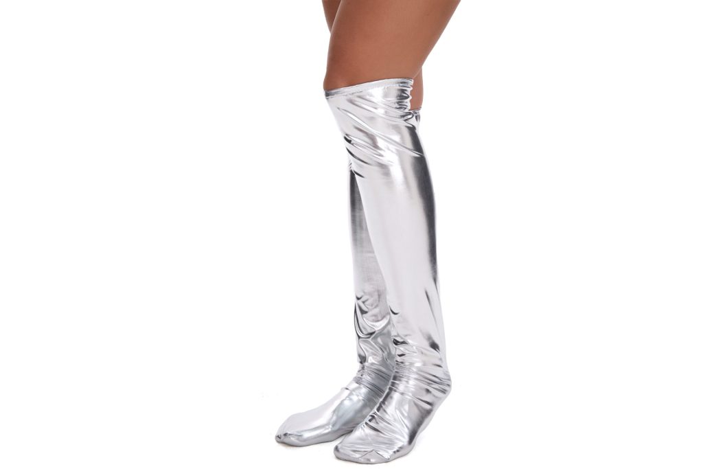 Matching silver leg and foot covers close-up