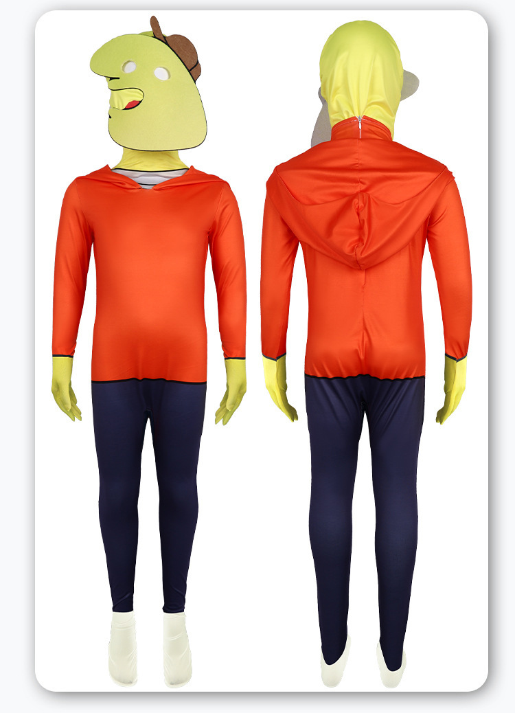 Charlie costume front and back showing yellow headcover and rear zip