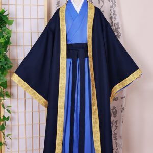 Jinshi navy robe with gold patterned trim and blue inner layers