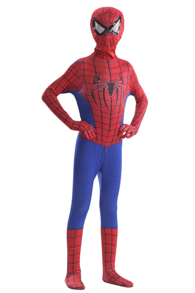 Red and blue Spider-Man costume front with black web print