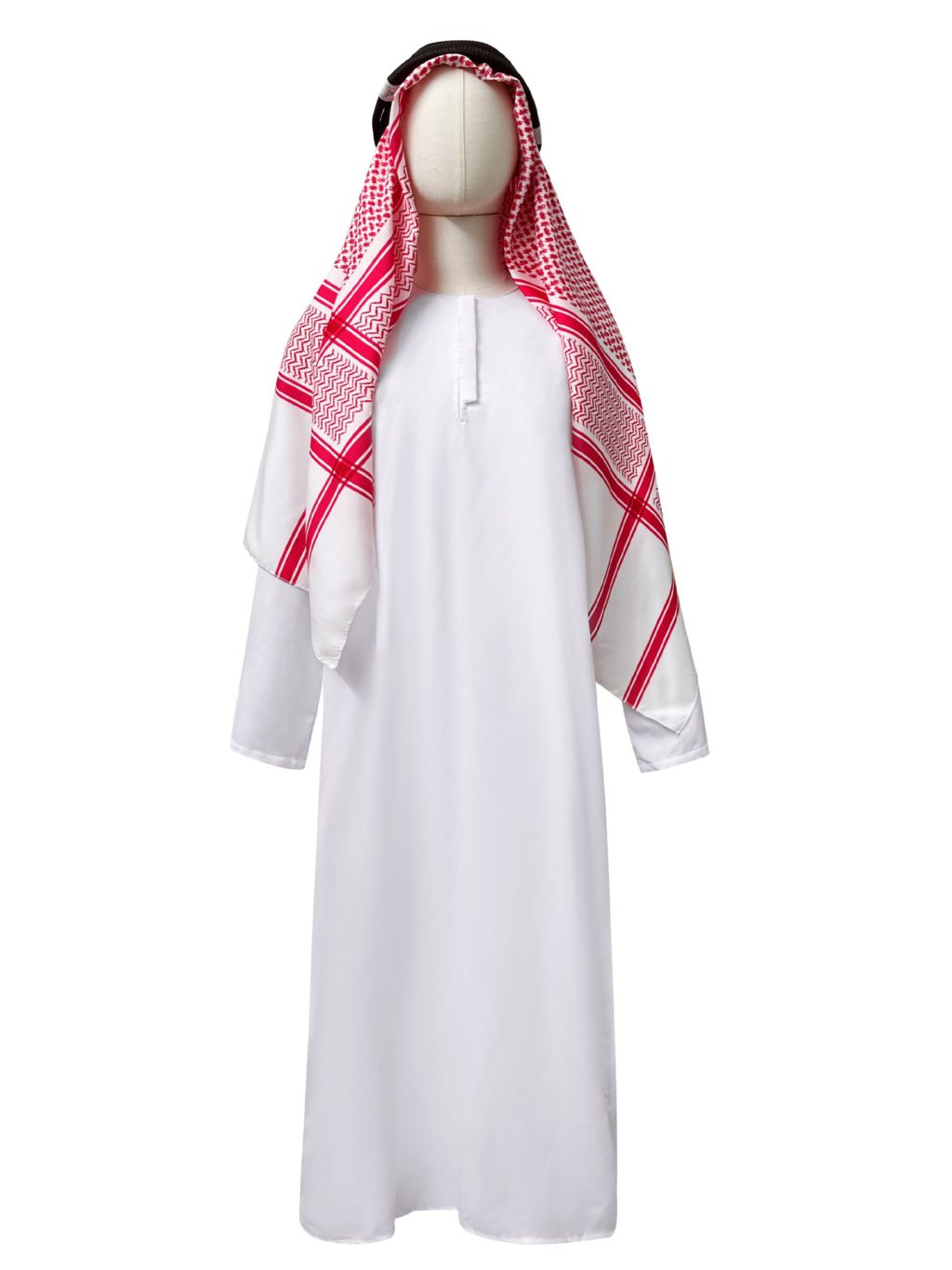 Front mannequin view of the white robe showing its round neckline, short covered placket and long sleeves with red-and-white headscarf and black head cord