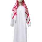 Front mannequin view of the white robe showing its round neckline, short covered placket and long sleeves with red-and-white headscarf and black head cord
