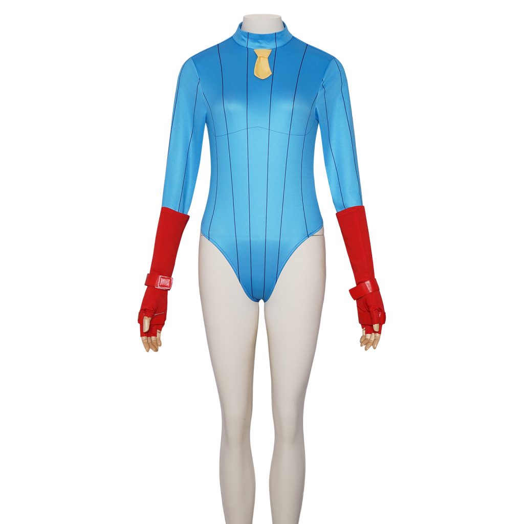 Cammy blue bodysuit costume front with yellow neck accent and red hand pieces