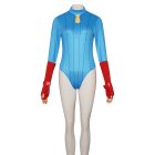 Cammy blue bodysuit costume front with yellow neck accent and red hand pieces