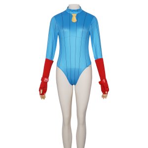 Cammy blue bodysuit costume front with yellow neck accent and red hand pieces