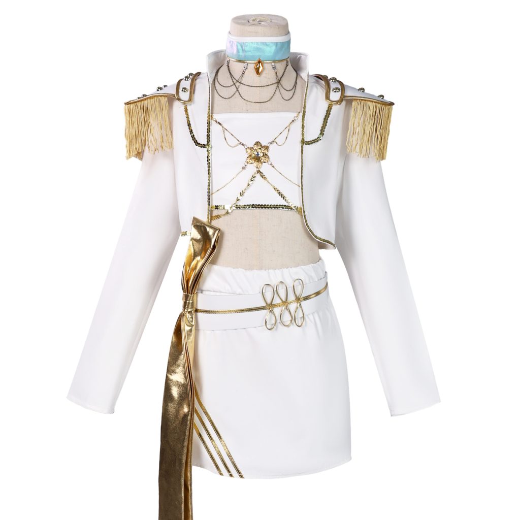 Adult Mira white-and-gold jacket, bandeau and skirt costume with fringed shoulders, blue choker and gold waist bow on a mannequin