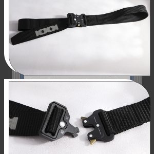 Leon black webbing belt and buckle detail