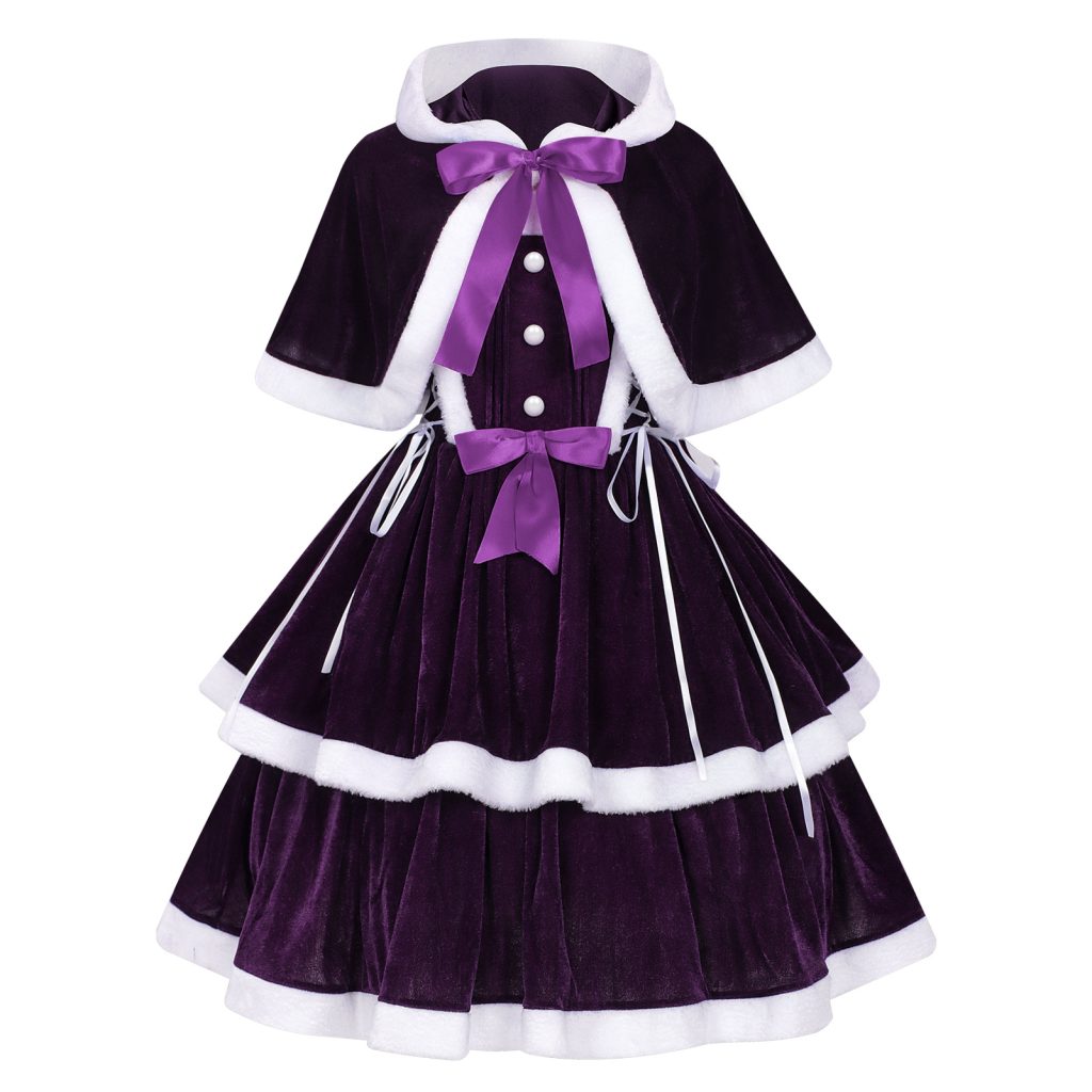 Dark purple Christmas costume dress front with cape