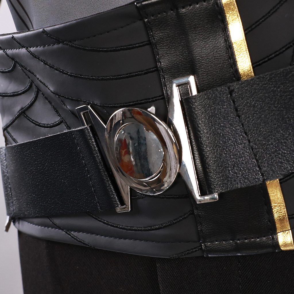 Metal buckle and black waist strap on male Rover costume
