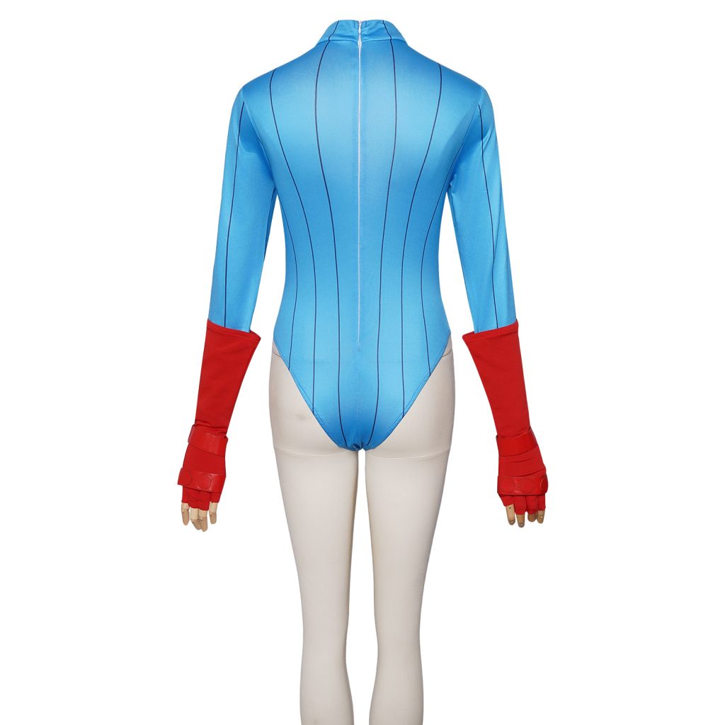Cammy blue bodysuit back with center zip and red hand pieces