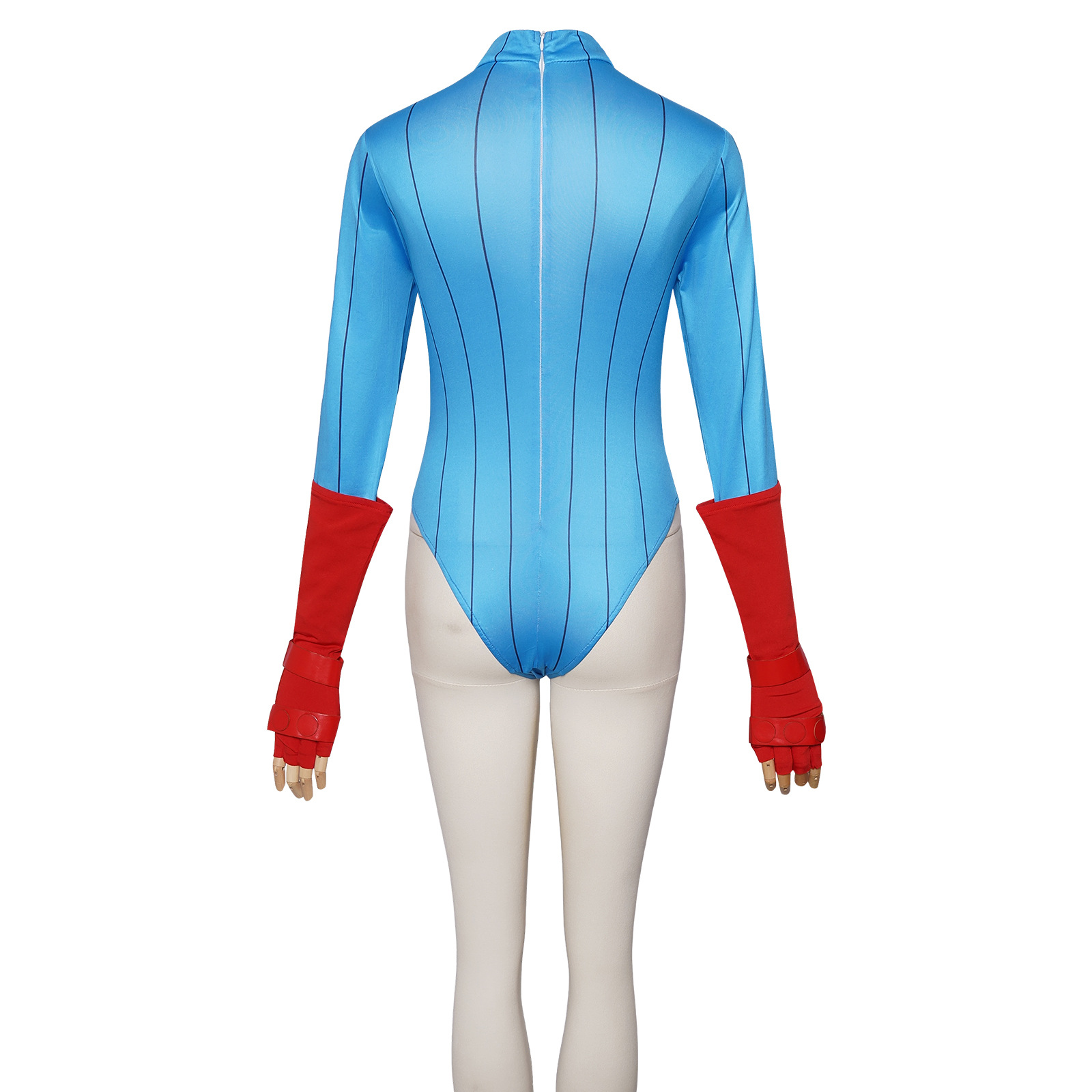 Cammy blue bodysuit back with center zip and red hand pieces