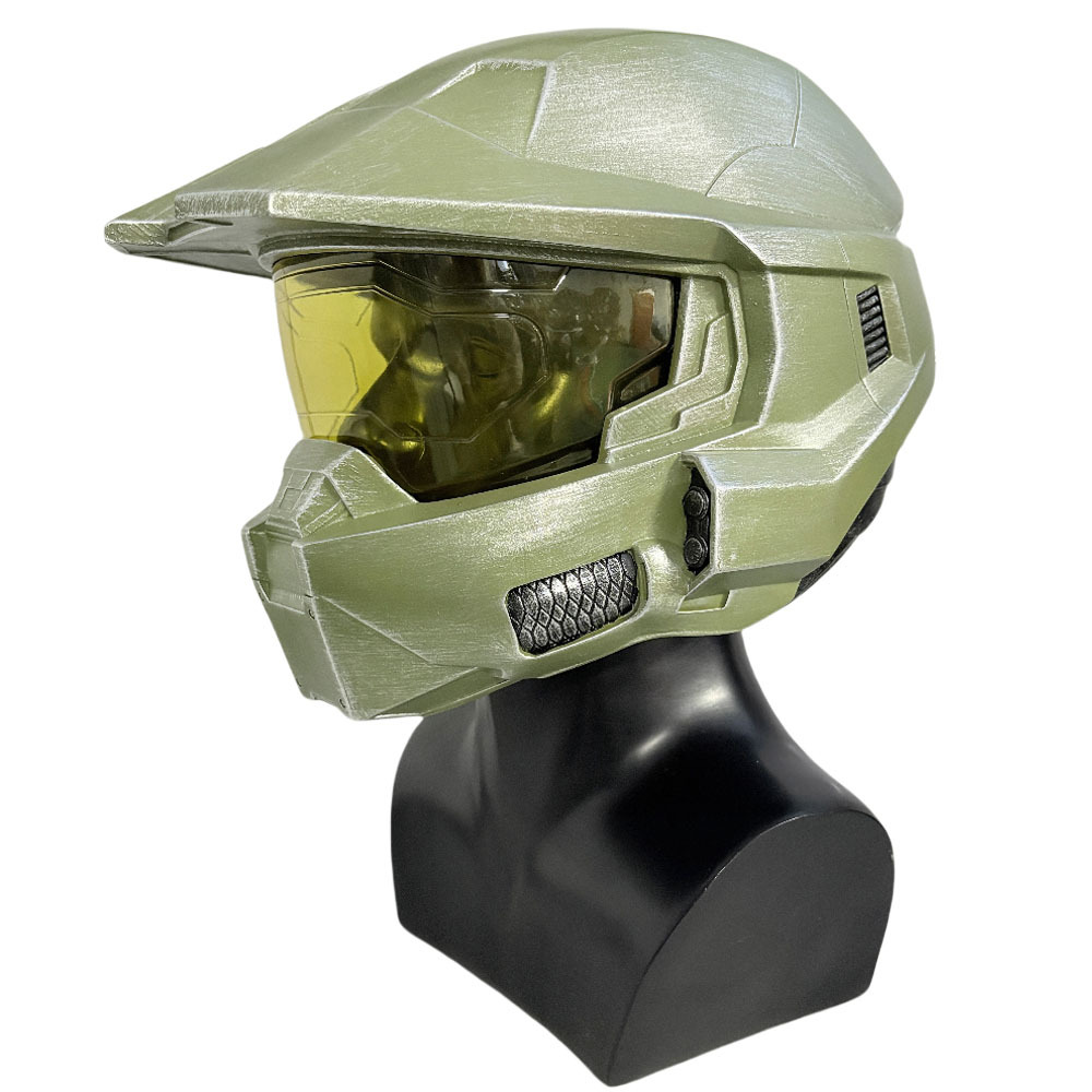 Side view of Master Chief helmet showing angular cheek panels and gold visor