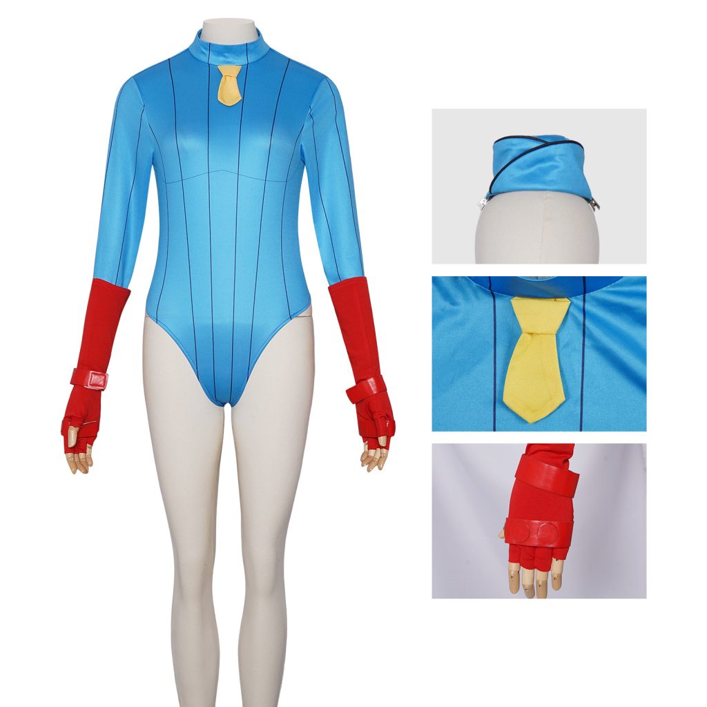 Cammy costume blue headpiece, yellow neck accent and red hand detail