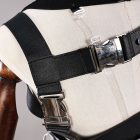Black shoulder strap and silver fastener detail on male Rover costume