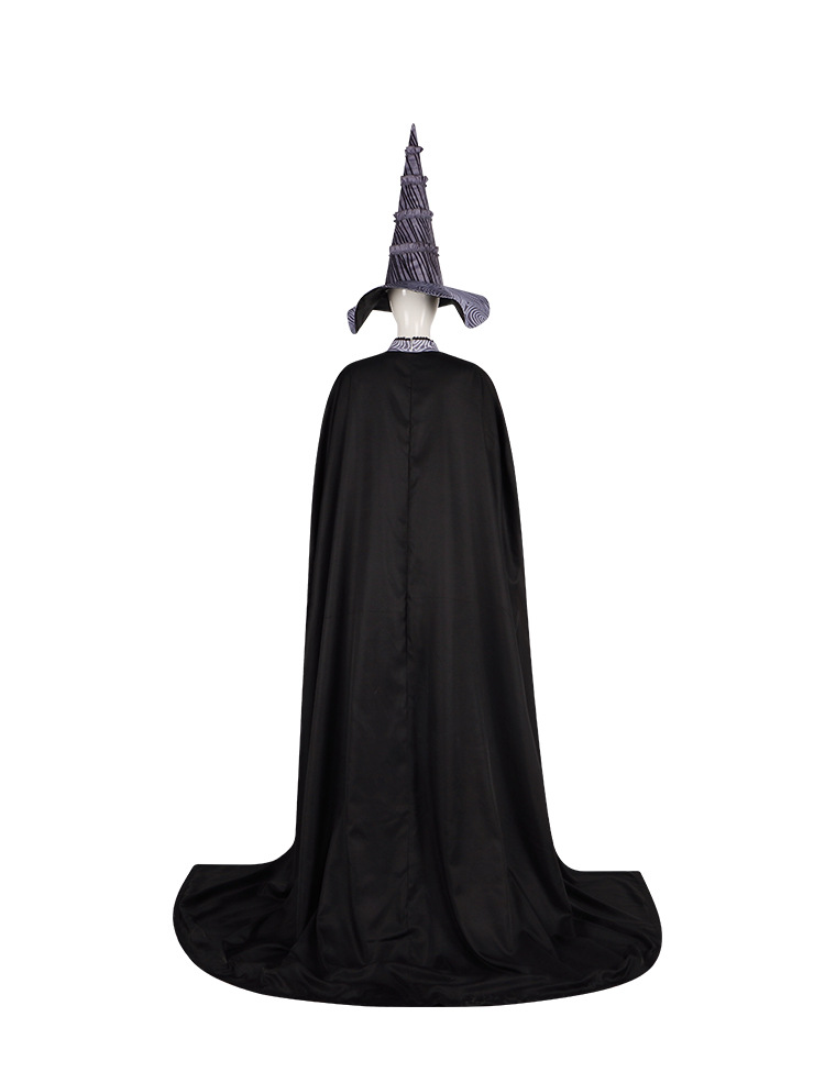 Back of Elphaba flowing black cape and pointed hat