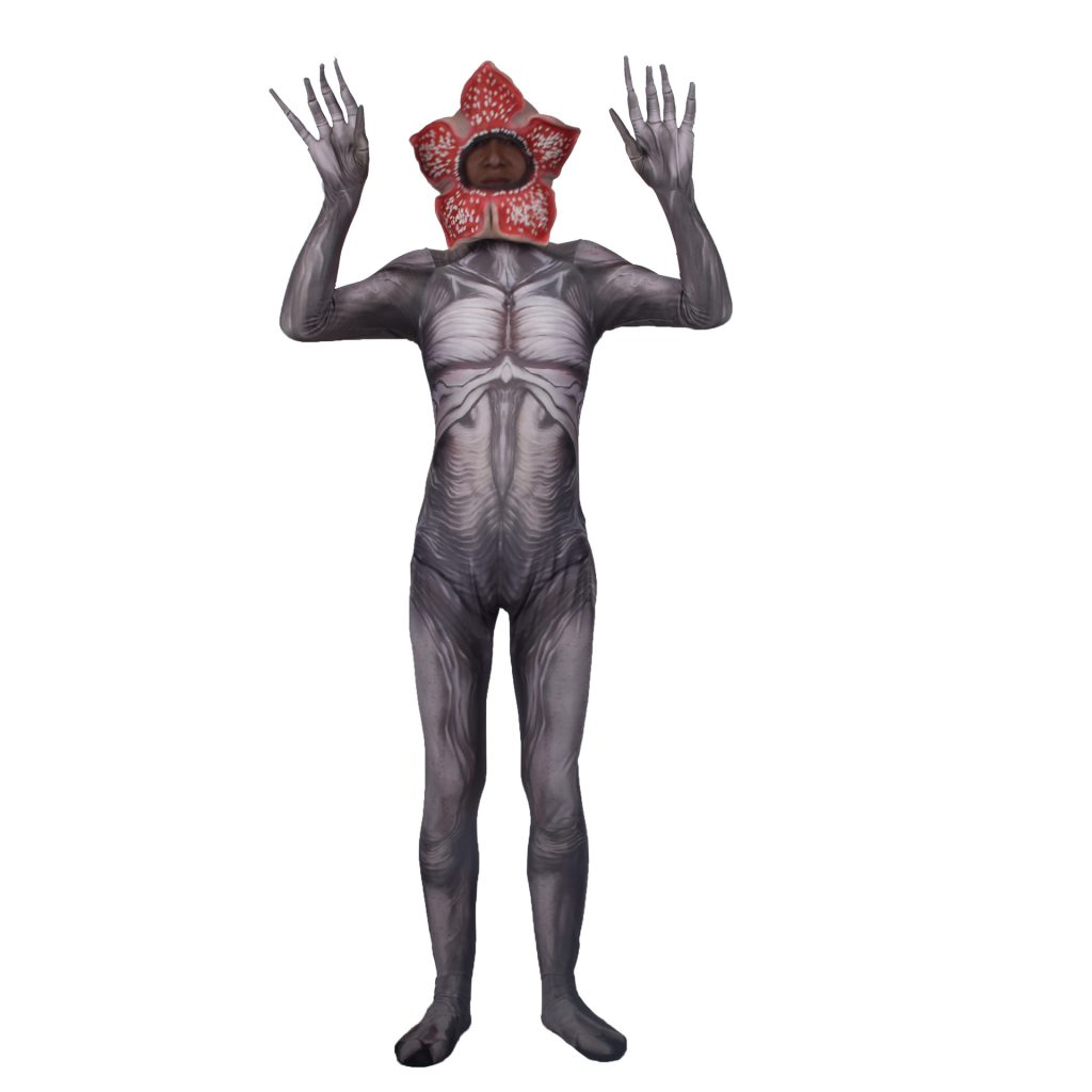 Demogorgon-inspired gray creature suit with flower-face mask, front view