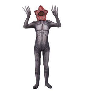 Demogorgon-inspired gray creature suit with flower-face mask, front view