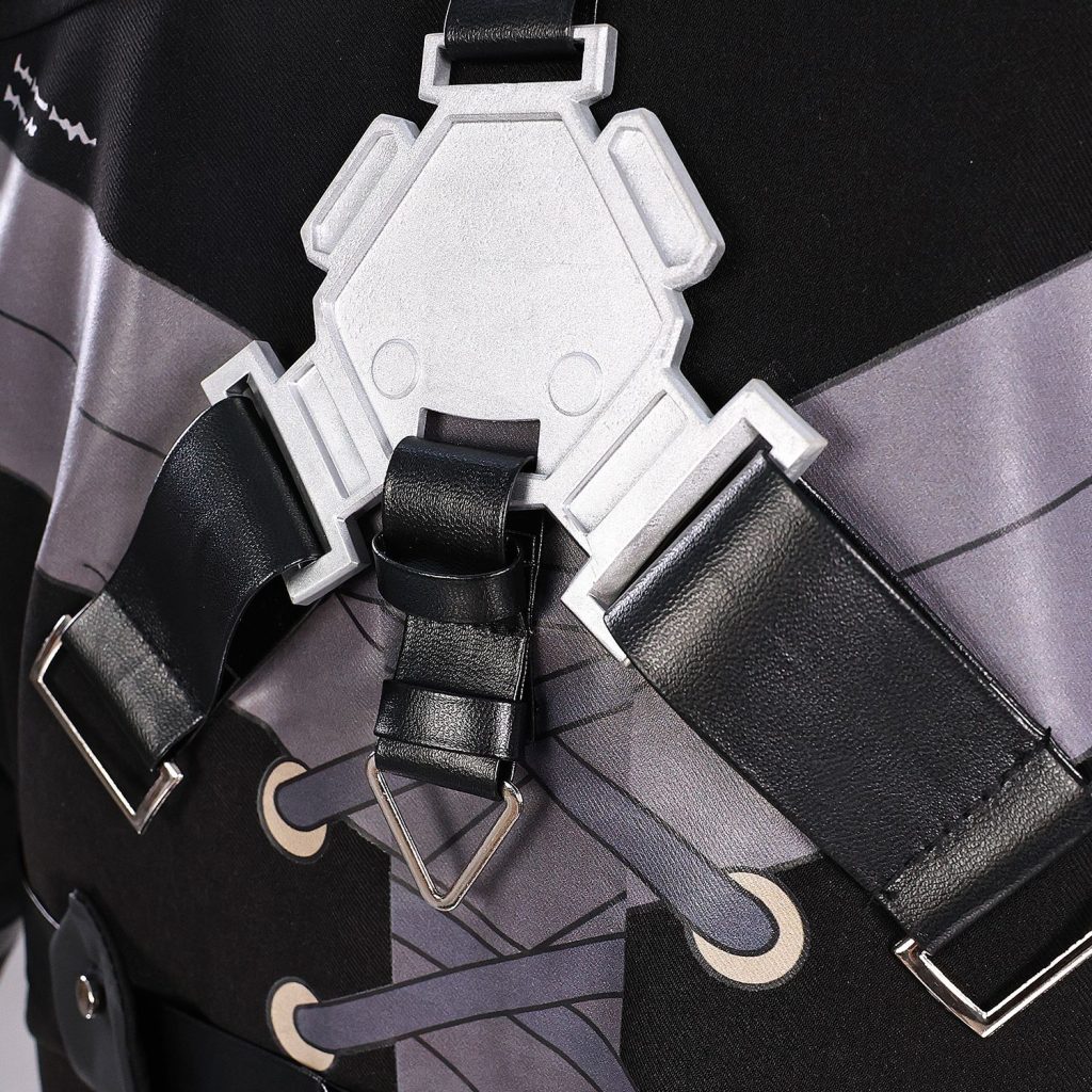 Back strap and pale geometric fastener detail on male Rover costume
