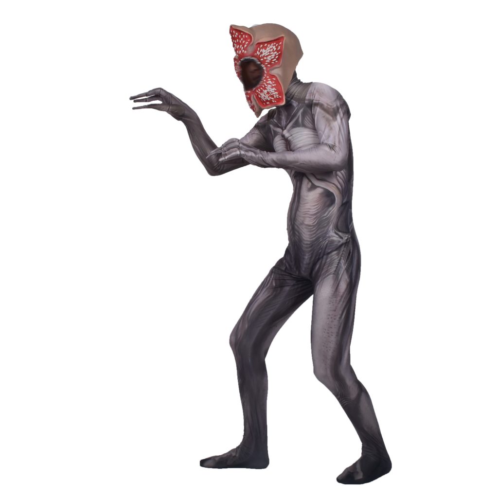 Creature jumpsuit and flower-face mask modeled from the side