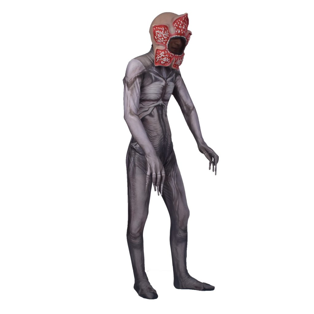 Gray printed monster jumpsuit and red flower-face mask, angled view