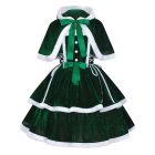 Dark green Christmas dress and hooded cape with white trim