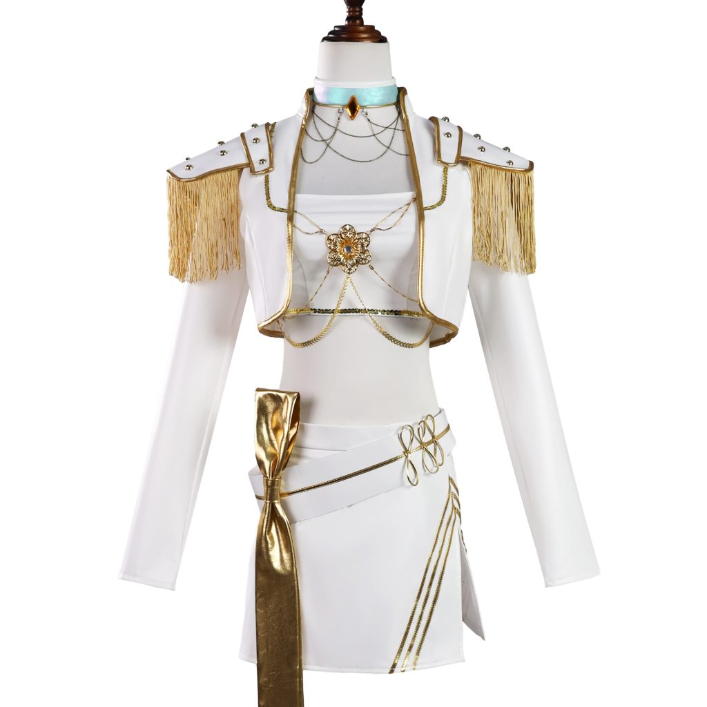 Child Mira white-and-gold jacket, bandeau and skirt costume with fringed shoulders, blue choker and gold waist bow on a mannequin