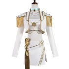 Child Mira white-and-gold jacket, bandeau and skirt costume with fringed shoulders, blue choker and gold waist bow on a mannequin