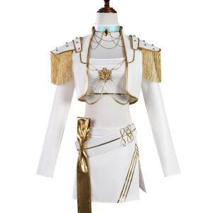 Child Mira white-and-gold jacket, bandeau and skirt costume with fringed shoulders, blue choker and gold waist bow on a mannequin